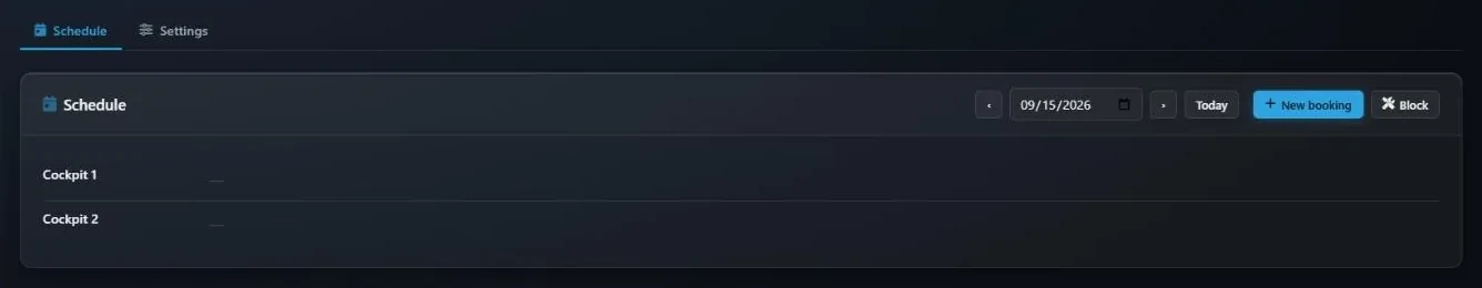 The Bookings Schedule tab with day navigation, a date picker, Today, New booking and Block buttons, and one row per bookable rig