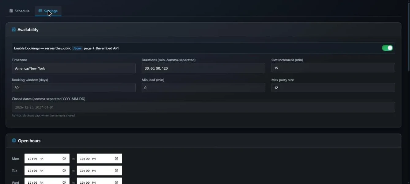 The Bookings Settings tab with the Enable bookings switch, timezone, durations, slot increment, booking window, minimum lead, maximum party size, closed dates and the start of the opening hours