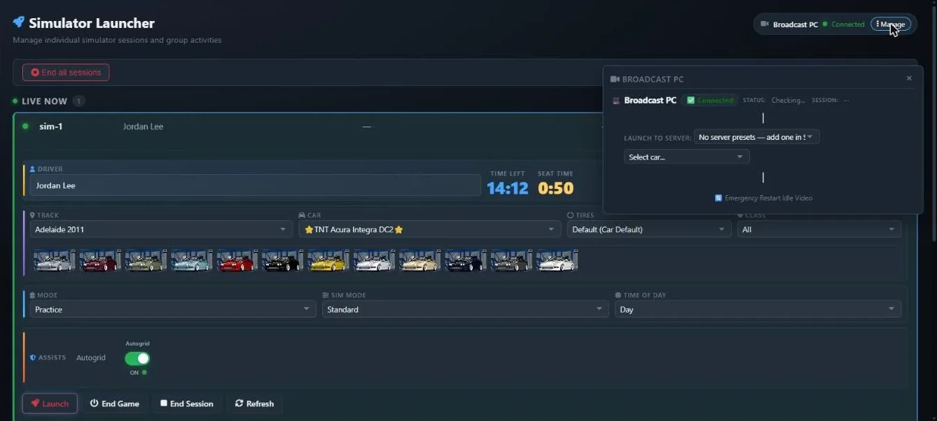 The Broadcast PC panel opened from the Launcher page, showing its connection status, the Launch to Server selector and the Emergency Restart Idle Video control