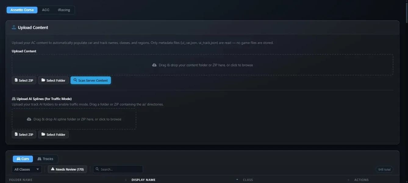 The Cars and Tracks page with game tabs, the Upload Content drop zone with Select ZIP, Select Folder and Scan Server Content, the AI splines upload box, and the Cars tab with the Needs Review filter