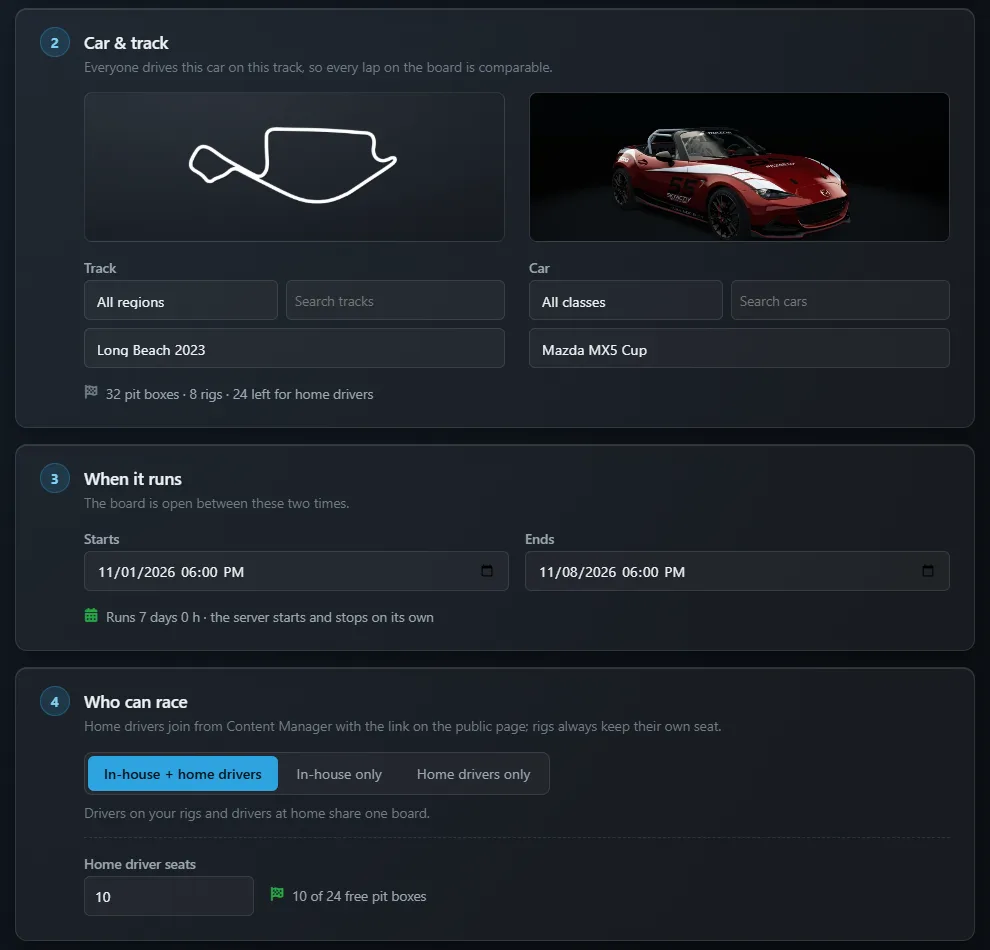 The New challenge builder showing step 2 Car and track with a track outline preview, region and class filters and a pit box line, step 3 When it runs with Starts and Ends, and step 4 Who can race with the In-house plus home drivers, In-house only and Home drivers only switch and a Home driver seats field