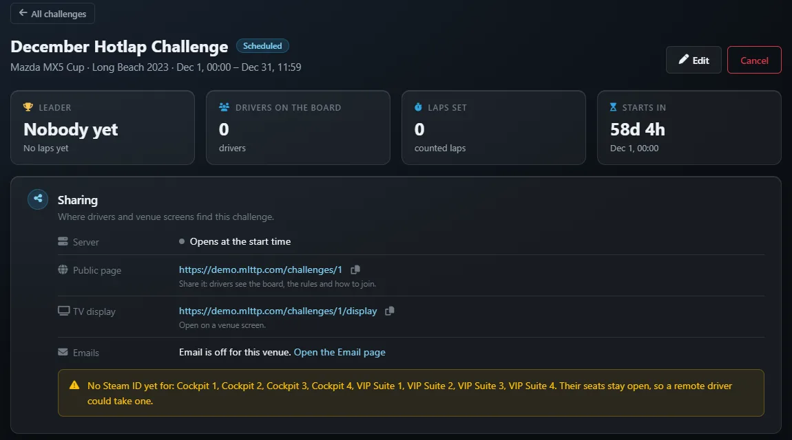 A challenge opened in the admin panel with Edit and Cancel buttons, stat tiles for Leader, Drivers on the board, Laps set and Starts in, and the Sharing box listing the server status, the public page and TV display addresses, the Emails line and an amber note about rigs without a Steam ID