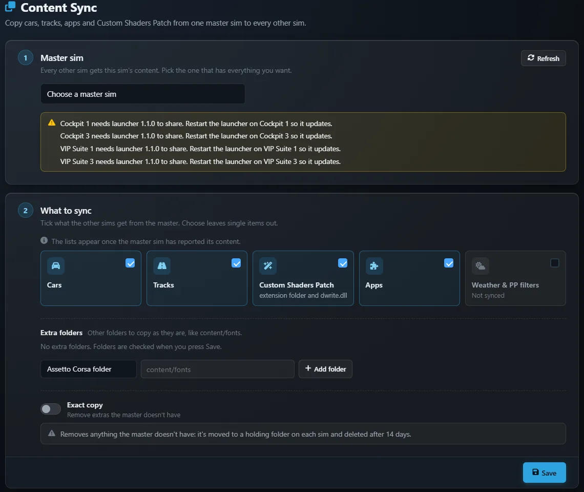 The Content Sync page with card 1 Master sim and its Choose a master sim list and Refresh button, and card 2 What to sync with ticked tiles for Cars, Tracks, Custom Shaders Patch and Apps, an unticked Weather and PP filters tile, Extra folders with Add folder, the Exact copy switch and a Save button