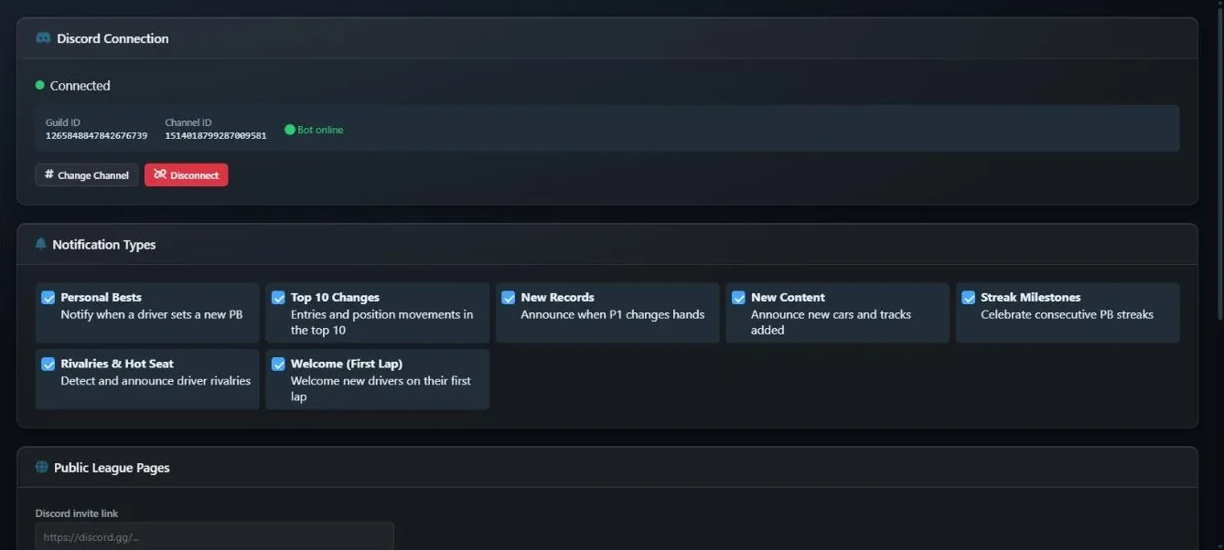 The Discord page showing a connected server with guild and channel IDs, Bot online, Change Channel and Disconnect, and the seven notification type checkboxes
