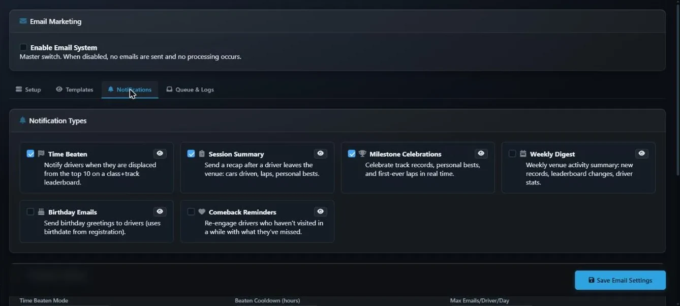 The Notification Types cards for Time Beaten, Session Summary, Milestone Celebrations, Weekly Digest, Birthday Emails and Comeback Reminders, each with a checkbox and a preview button