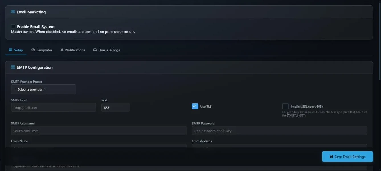 The Email page with the Enable Email System switch, the Setup, Templates, Notifications and Queue and Logs tabs, and the SMTP provider preset, host, port, TLS, username, password and sender fields