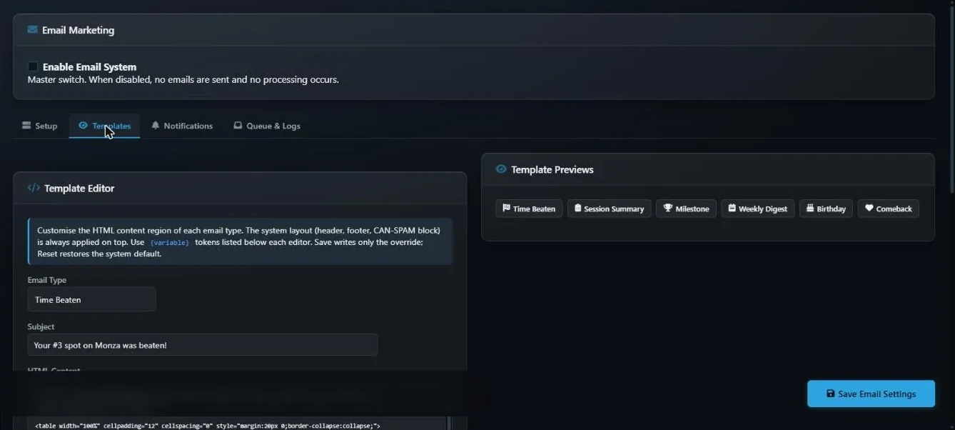The Templates tab with the Template Editor showing the email type selector and subject line, and Template Previews buttons for each email