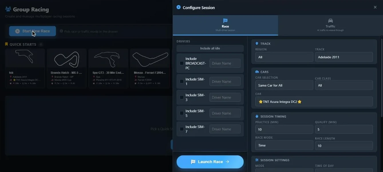 The Group Racing page with the Configure Session drawer open, showing the Race and Traffic tabs, the driver list on the left and the car, timing and session settings on the right