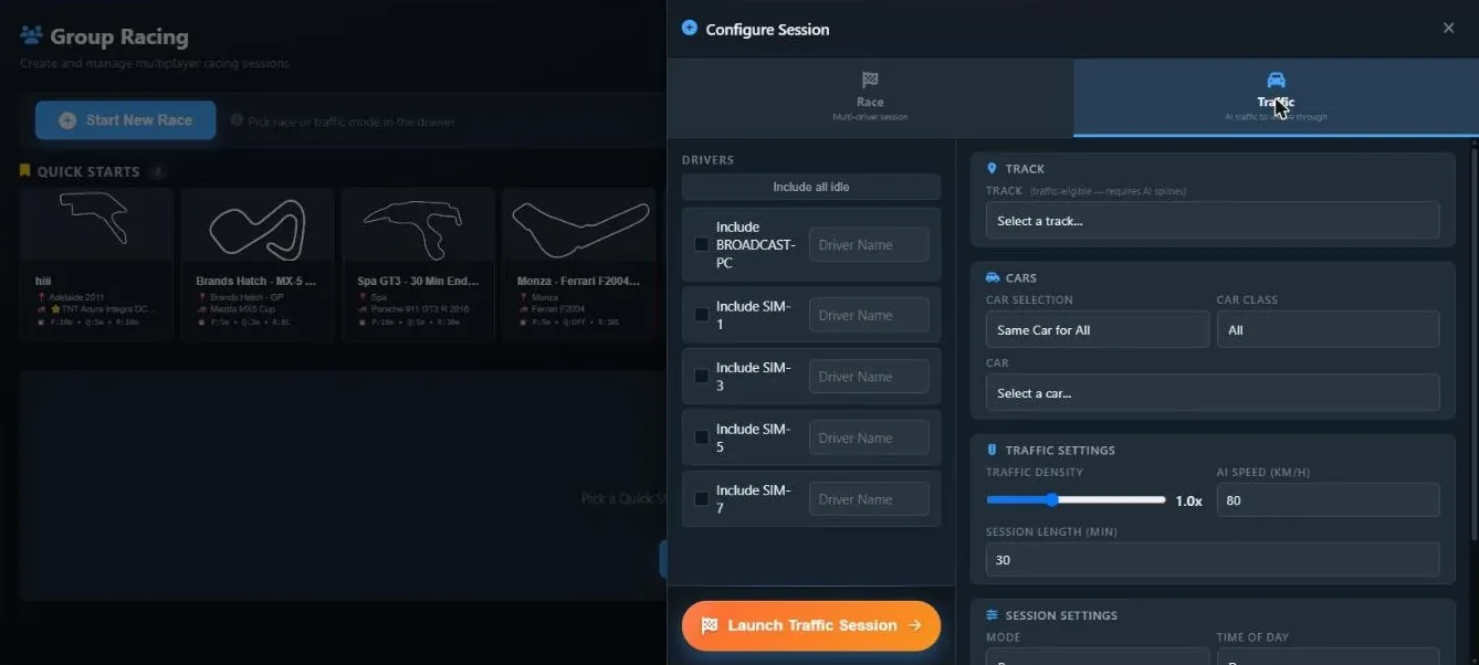 The Configure Session drawer on the Traffic tab, with the driver list, a traffic-eligible track selector, car selection, the traffic density slider, AI speed and session length, and the Launch Traffic Session button