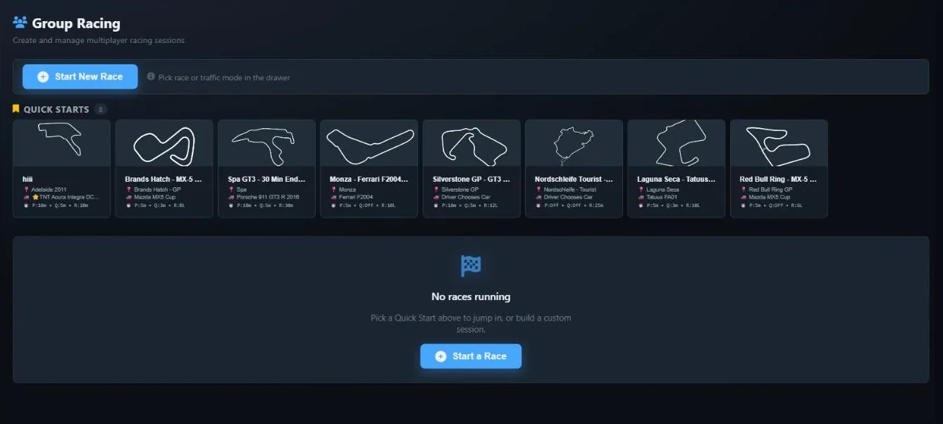 The Group Racing page with the Start New Race button, a strip of eight Quick Start cards with track outlines, and the No races running empty state