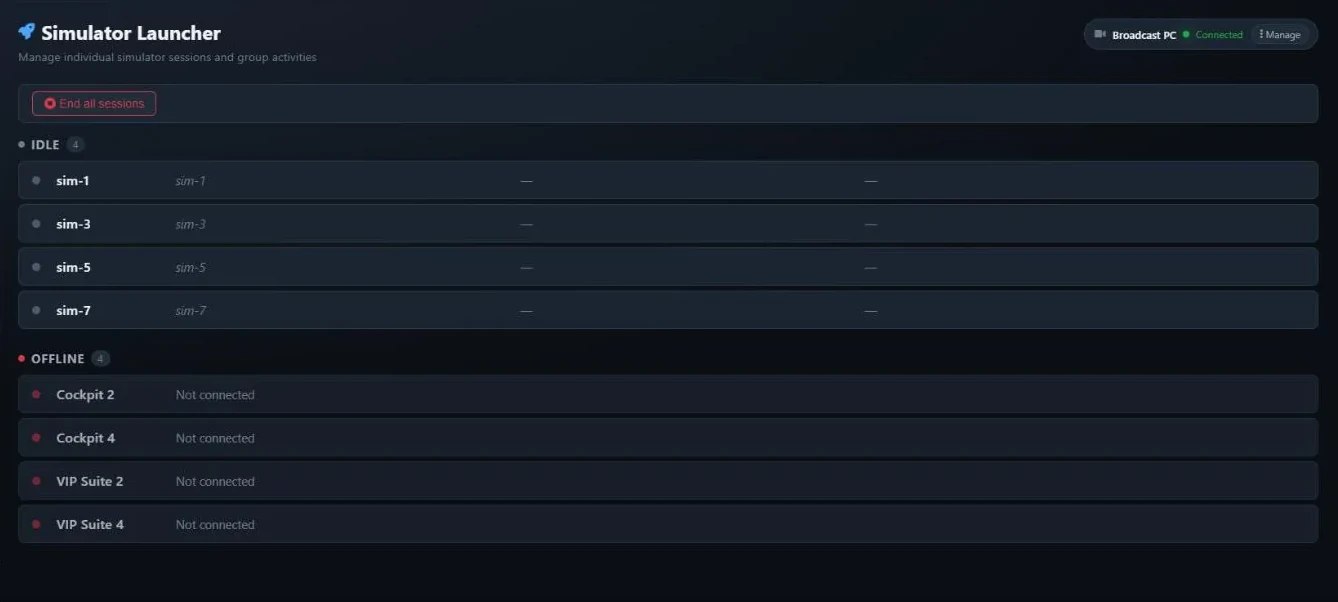 The Launcher page with four idle sims and four offline cockpits, an End all sessions button, and the Broadcast PC pill showing Connected