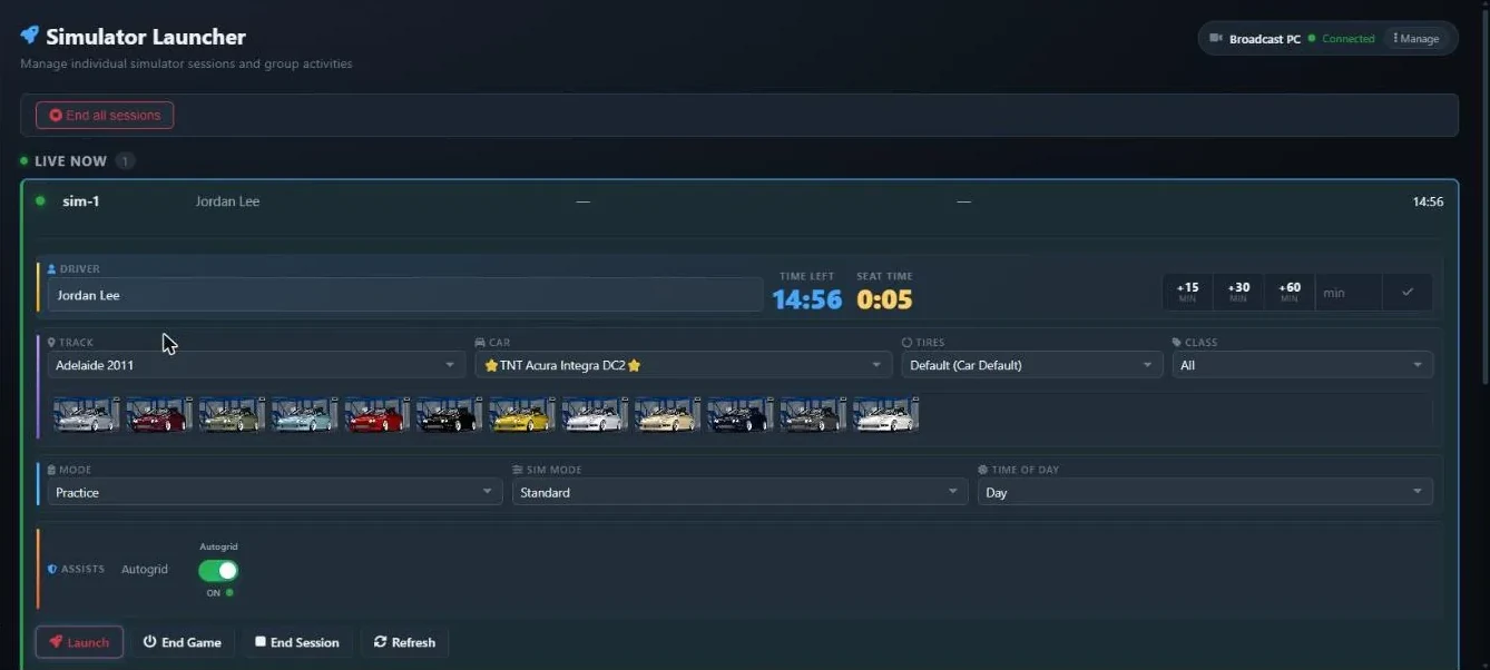 The Simulator Launcher page with one sim live: driver name, time left and seat time, the track, car, tyre and class row with a livery strip, and the mode, sim mode and time of day selectors