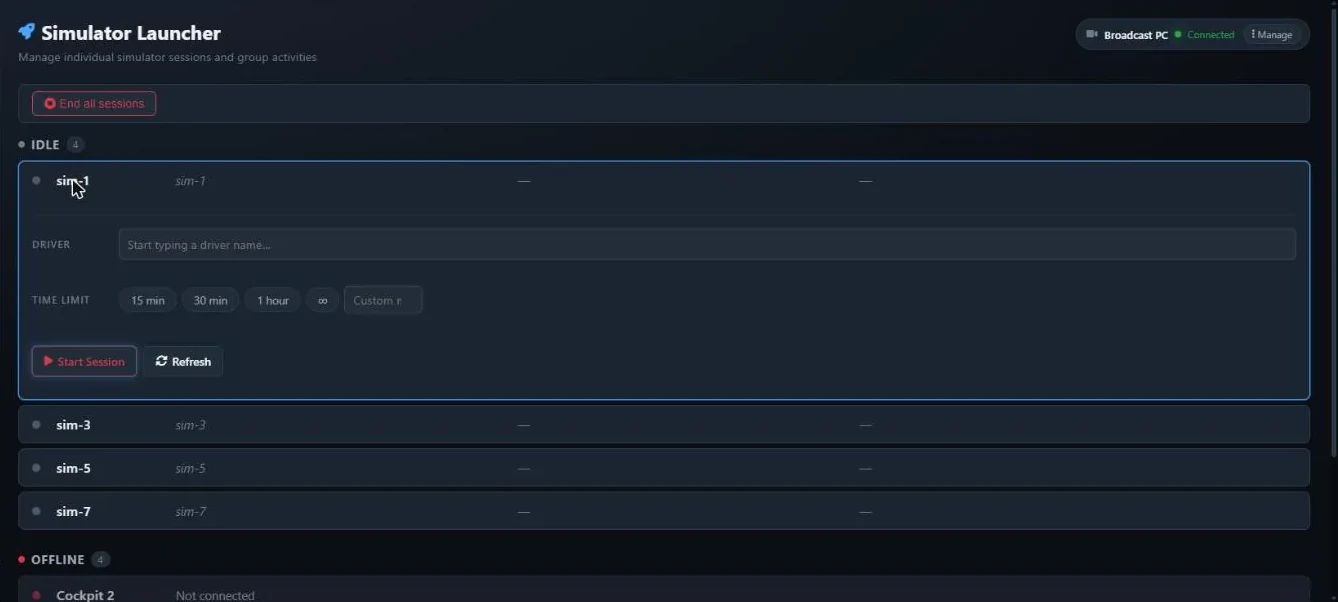 An idle sim row opened, showing the Driver field and the 15 min, 30 min, 1 hour, unlimited and custom time limit buttons
