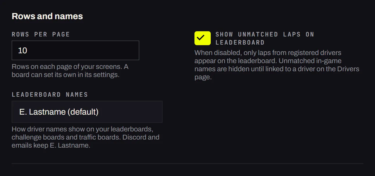 The Rows and names group of the Screen appearance tab with Rows per page set to 10, the Leaderboard names list on E. Lastname (default) and its hint, and the Show unmatched laps on leaderboard switch
