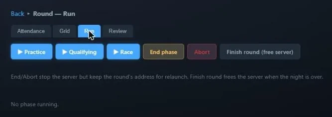 The Run tab of the race night console with Practice, Qualifying and Race launch buttons, End phase, Abort and Finish round