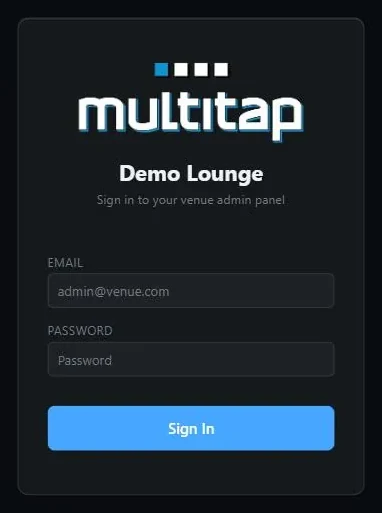 The admin panel sign-in card showing the venue name Demo Lounge, email and password fields, and a Sign In button
