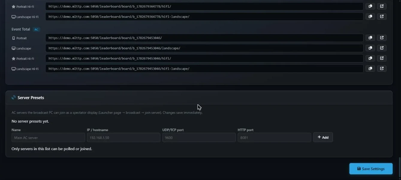 The Server Presets section with name, IP or hostname, UDP and TCP port and HTTP port fields and an Add button, above the Save Settings button