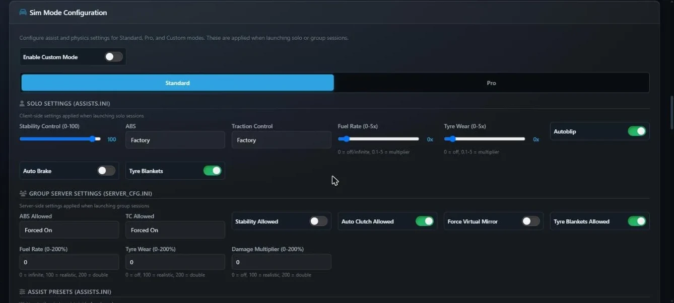 Sim Mode Configuration on the Standard tab with solo assist settings, group server settings for ABS, TC, stability, auto clutch, mirror and tyre blankets, and fuel, tyre wear and damage percentages