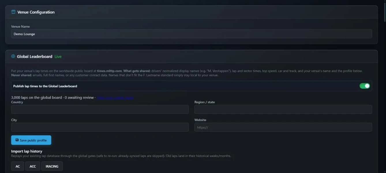 The Global Leaderboard card in Settings with the Live badge, the Publish lap times switch, the count of laps on the global board, public profile fields and Import lap history buttons