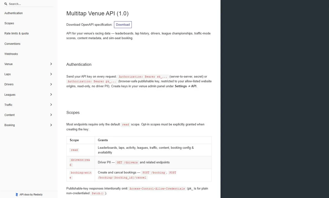 The Multitap Venue API reference with a sidebar of Authentication, Scopes, Rate limits, Conventions, Webhooks and endpoint groups, and the authentication and scopes sections