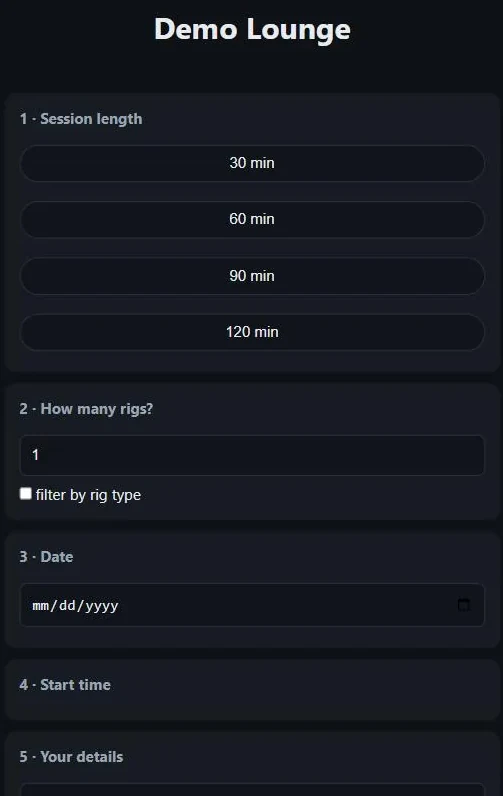 The public booking page for Demo Lounge with session length buttons for 30, 60, 90 and 120 minutes, a rig count, the rig type filter, a date picker, and the start time and details steps