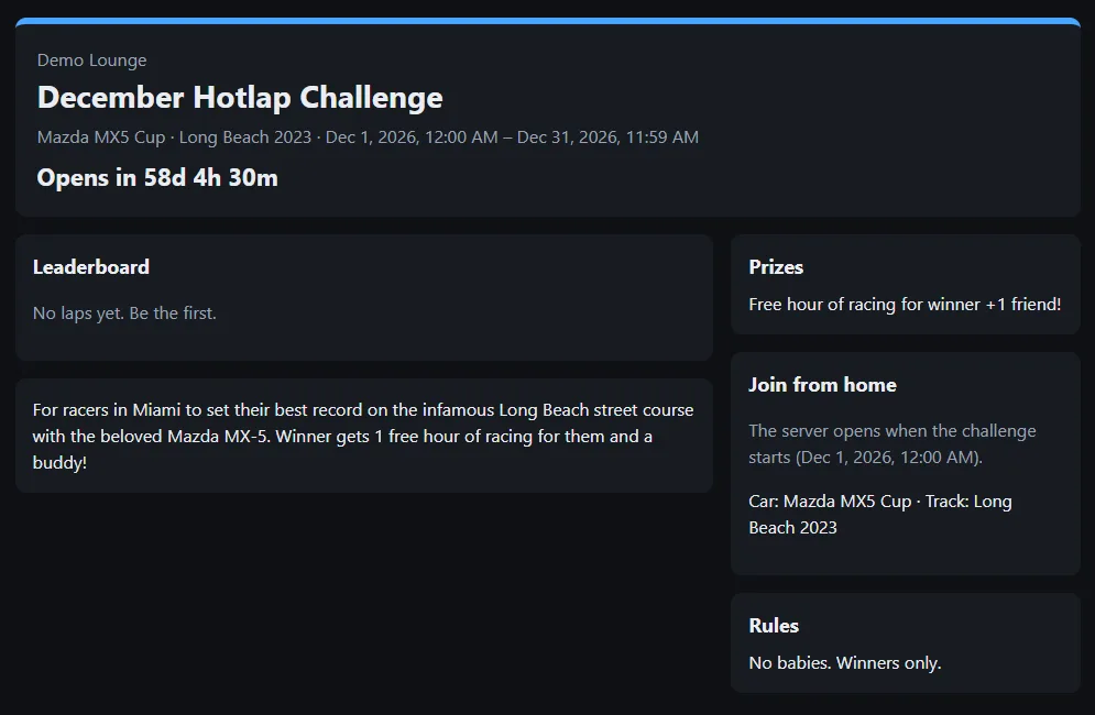 The public challenge page for the December Hotlap Challenge at Demo Lounge, with the car, track and dates, an Opens in countdown, an empty leaderboard reading No laps yet. Be the first, the description, and Prizes, Join from home and Rules boxes
