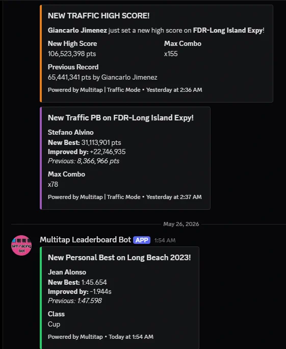 The Multitap Leaderboard Bot posting three embeds in Discord: a new traffic high score, a traffic personal best, and a new lap personal best on Long Beach 2023