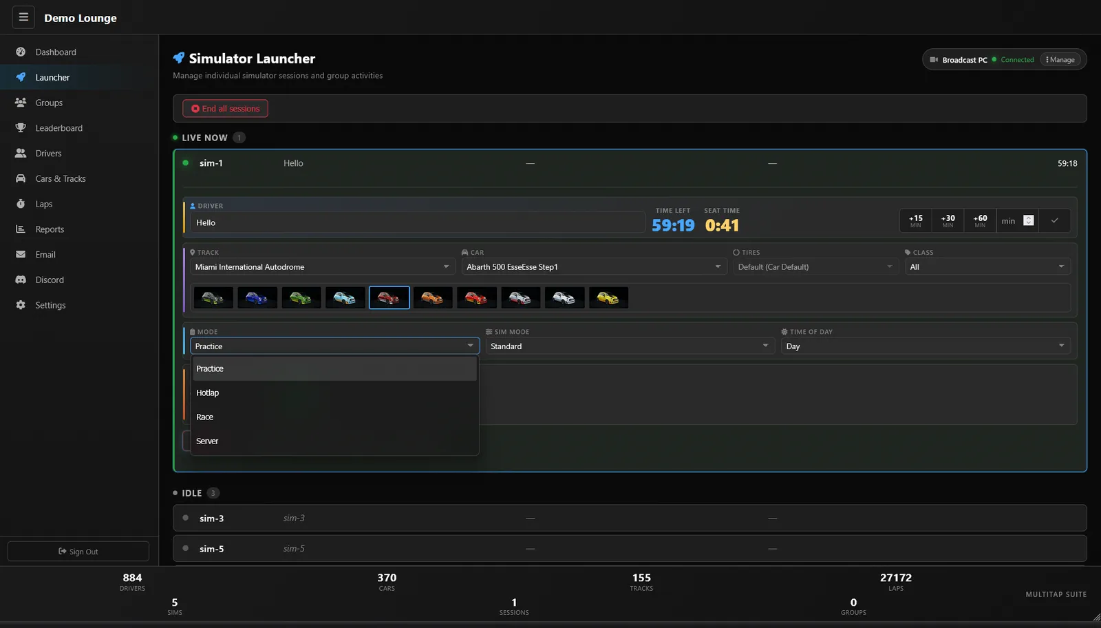 Simulator Launcher admin panel managing individual sim sessions with one-click launch