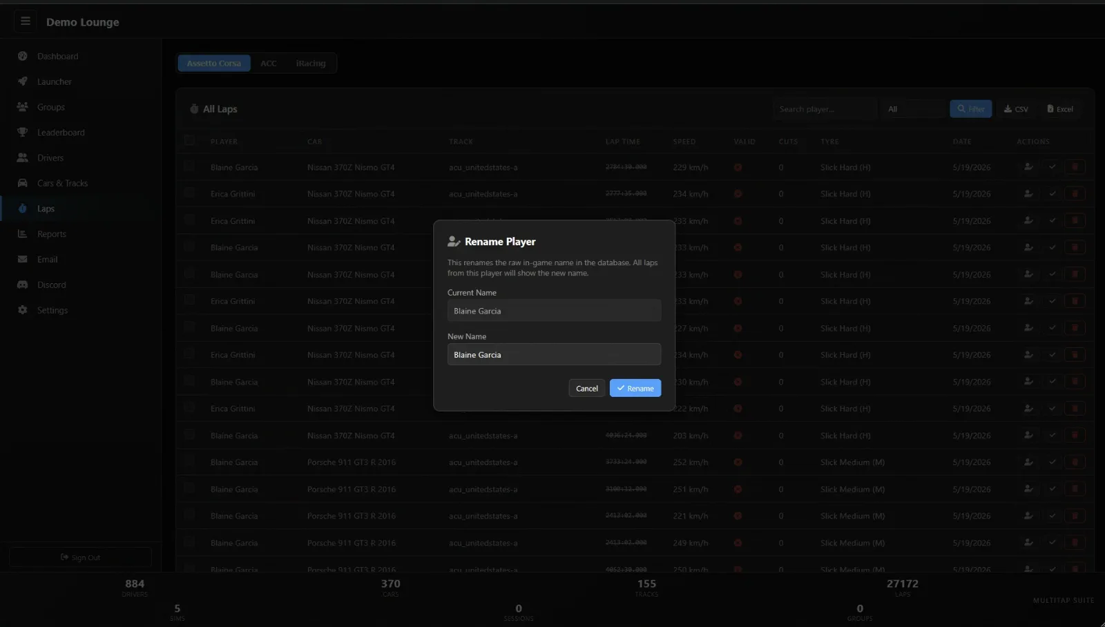 The Laps page with per-game tabs, a filterable table of laps, and the Rename Player dialog open