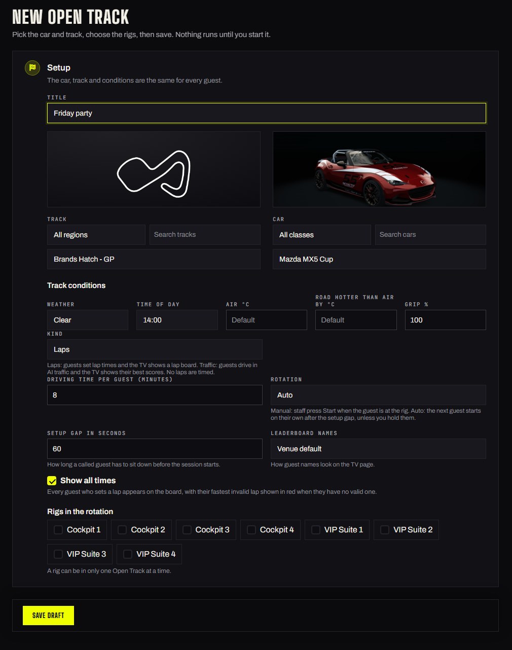 Setting up an Open Track in the Multitap admin panel: a title, Brands Hatch GP and the Mazda MX5 Cup