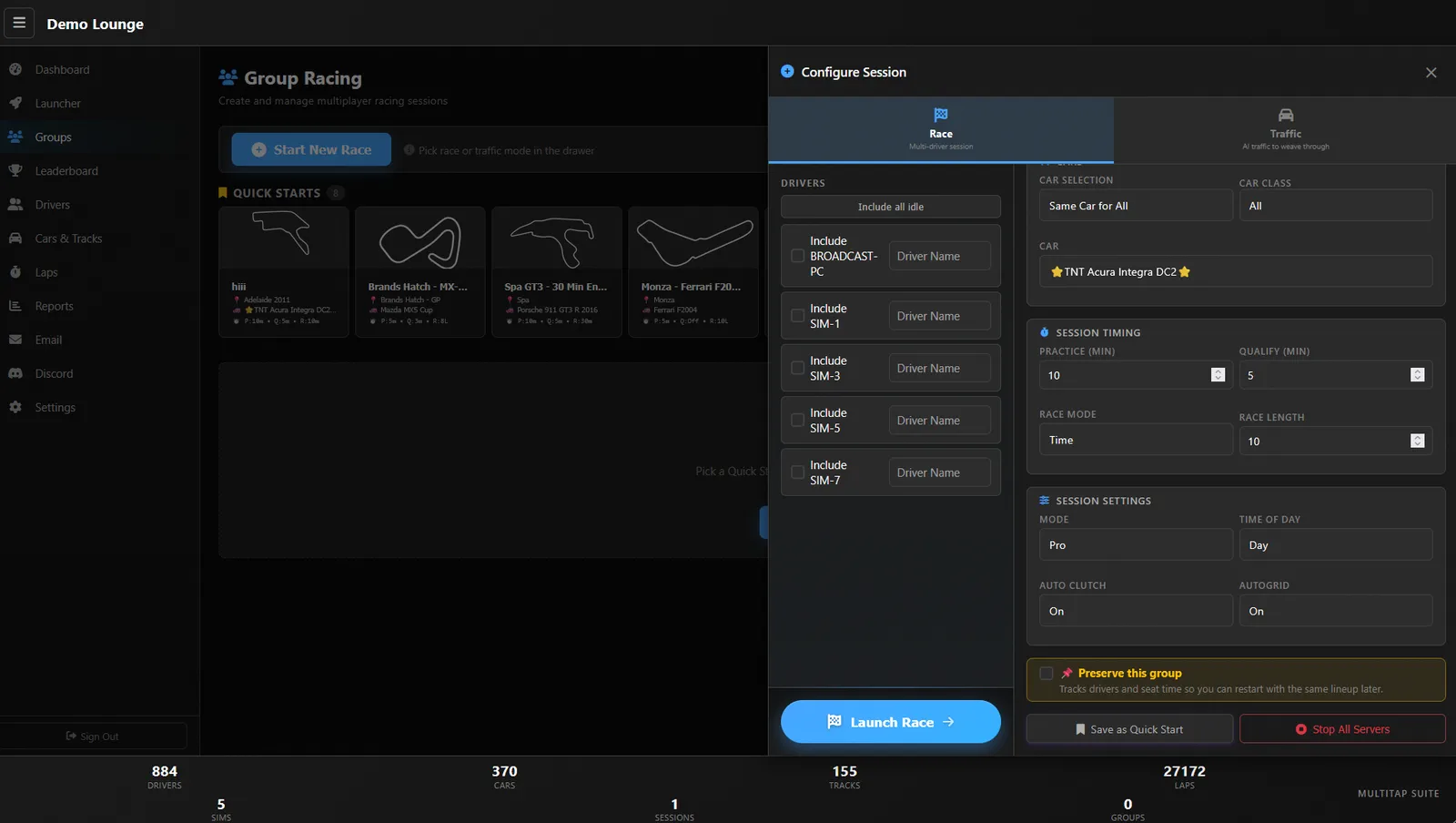 Group Racing configure-session panel with race vs traffic modes, driver picker, and session settings
