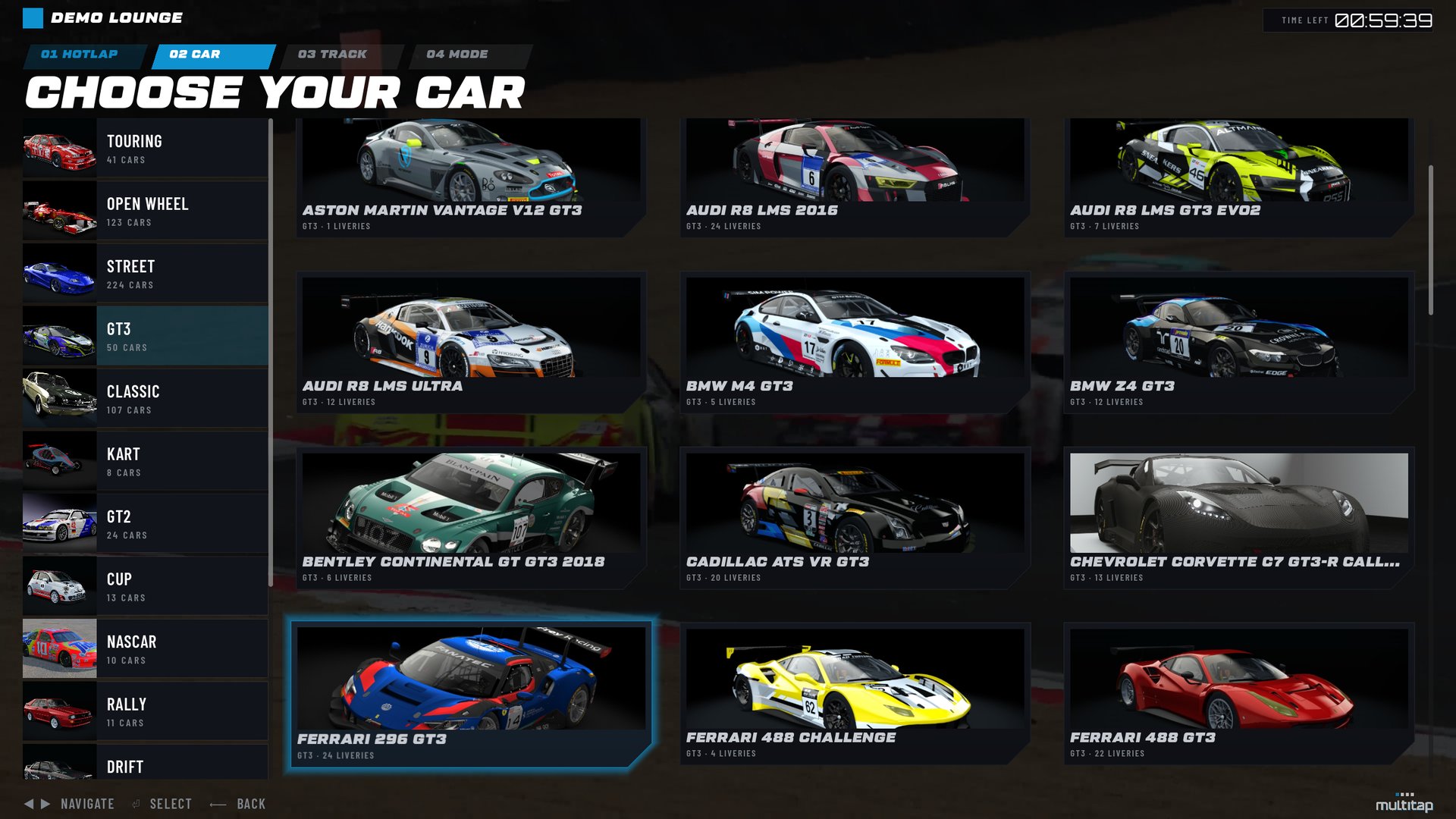 The Multitap rig launcher's Choose Your Car screen, where each driver in a group session picks their car with the wheel