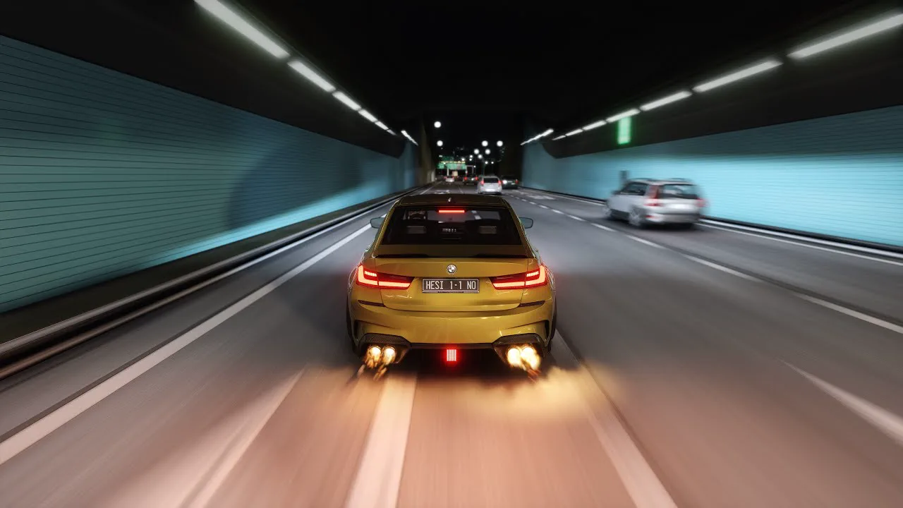 In-game view of a traffic session: a BMW M3 threading through tunnel traffic at speed
