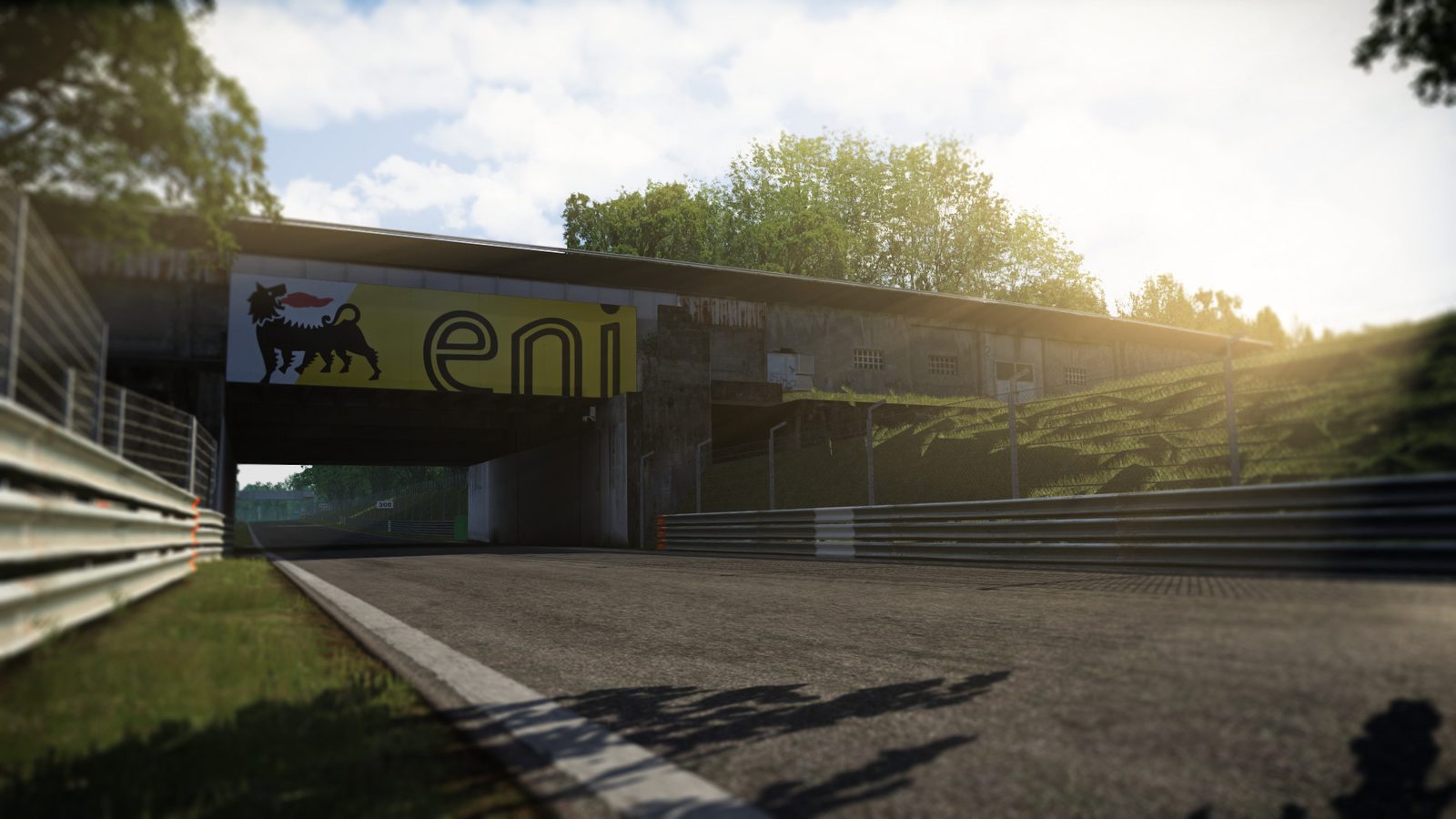 Assetto Corsa track with a sponsor-branded bridge over the circuit