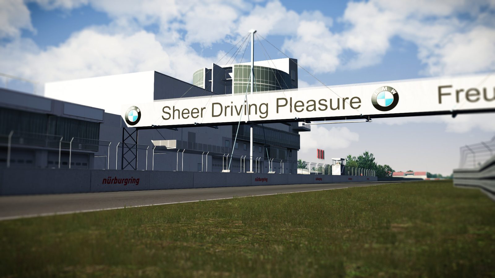 Assetto Corsa start-finish straight with a large sponsor banner across the track