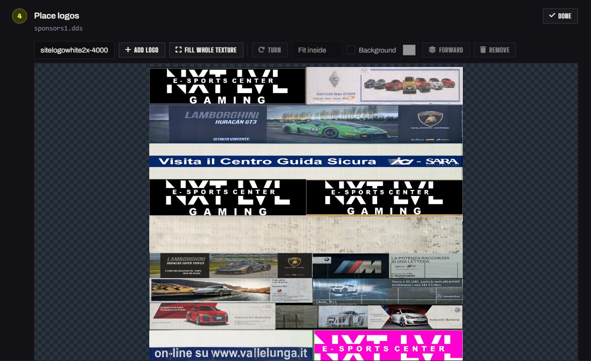 Multitap Sponsors page, Place logos step, with the NXT LVL Gaming logo placed over several boards on Vallelunga's sponsors1.dds texture